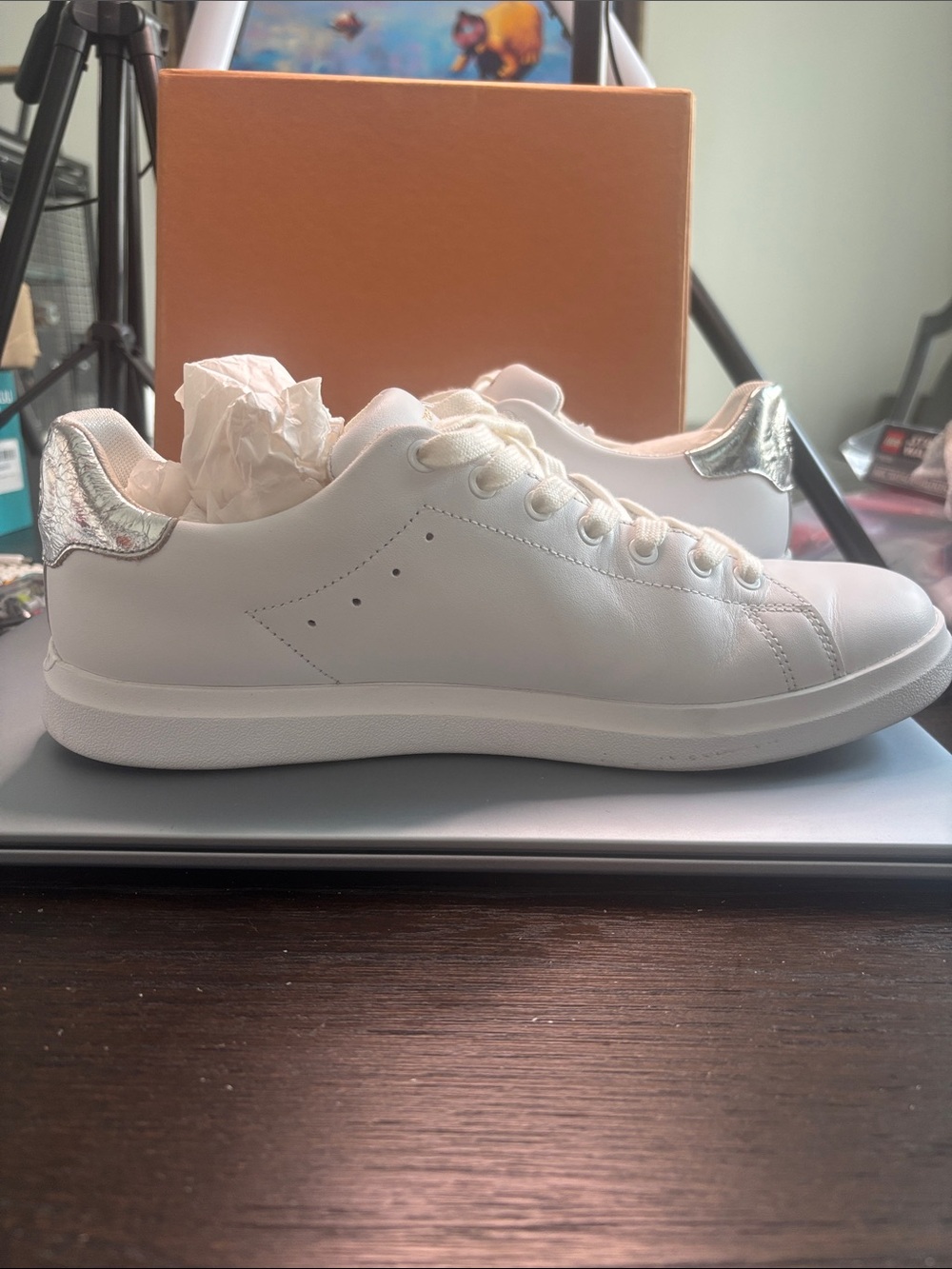 Tory Burch White Leather Sneakers with Silver Heel
